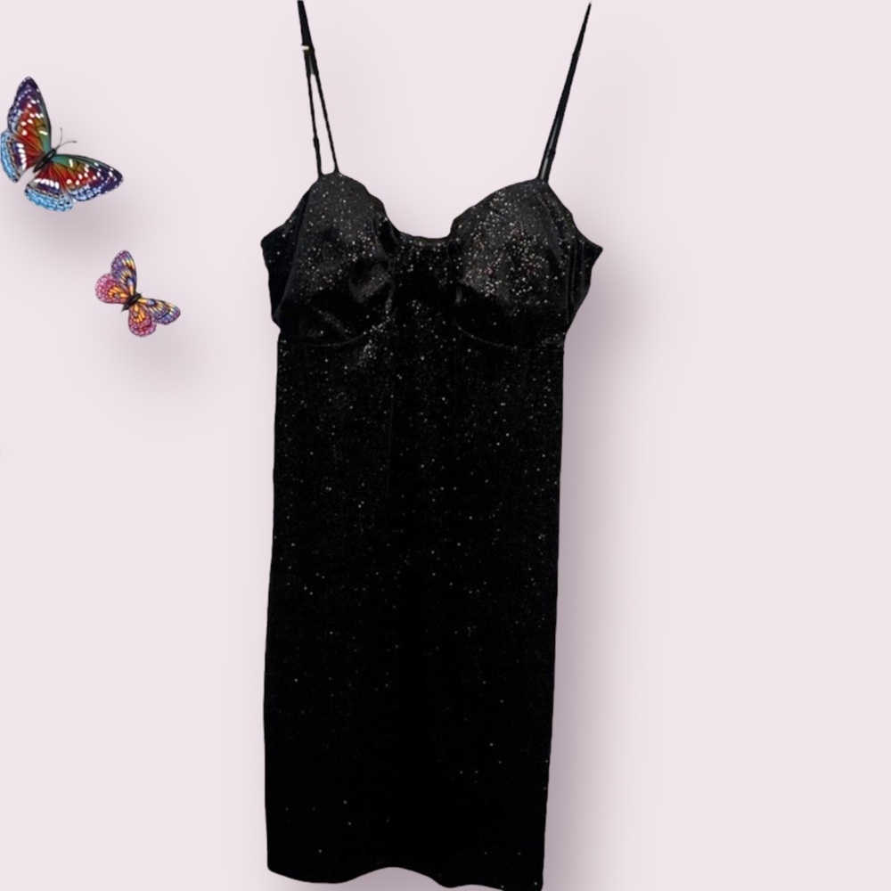 💎 Black Velvety Sparkle Babydoll Adjustable Spaghetti Strap Dres